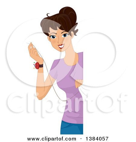 Clipart of a Happy Brunette White Woman Stitching up a Fabric Panel - Royalty Free Vector Illustration by BNP Design Studio