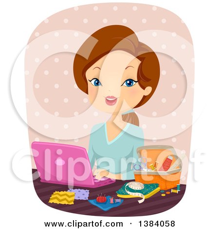 Clipart of a Brunette White Woman Using a Laptop Computer and Sitting with Sewing Supplies - Royalty Free Vector Illustration by BNP Design Studio