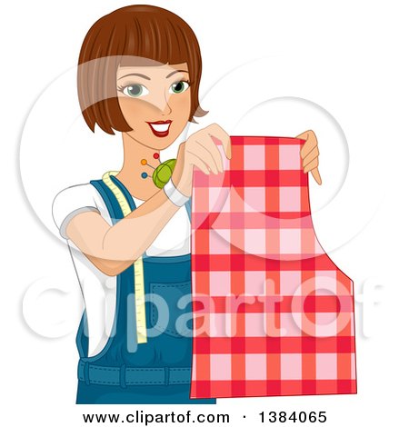 Clipart of a Brunette White Woman Holding up a Sewing Pattern and Pin Cushion - Royalty Free Vector Illustration by BNP Design Studio