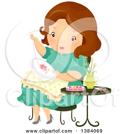Clipart of a Brunette White Woman Hand Embroidering a Flower - Royalty Free Vector Illustration by BNP Design Studio