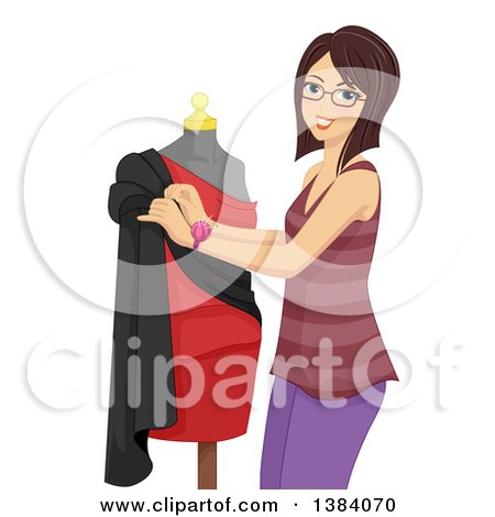 Clipart of a Brunette White Woman Dressing a Mannequin - Royalty Free Vector Illustration by BNP Design Studio