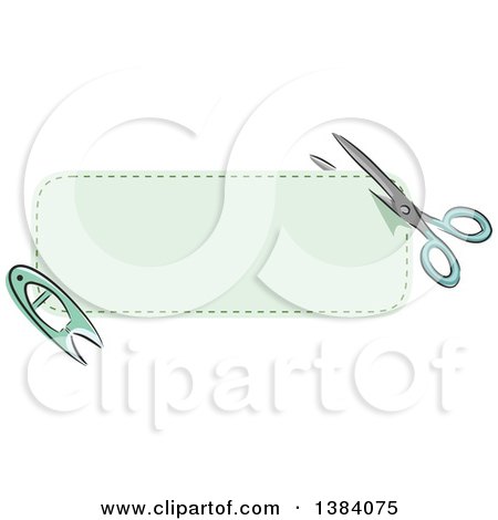 Clipart of a Green Sewn Patch Banner Label with Scissors and a Pin - Royalty Free Vector Illustration by BNP Design Studio