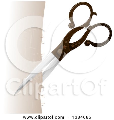 Clipart of a Pair of Vintage Cloth Scissors Cutting Fabric - Royalty Free Vector Illustration by BNP Design Studio