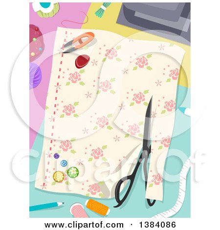 Clipart of a Pair of Scissors Cutting Fabric and Sewing Notions - Royalty Free Vector Illustration by BNP Design Studio