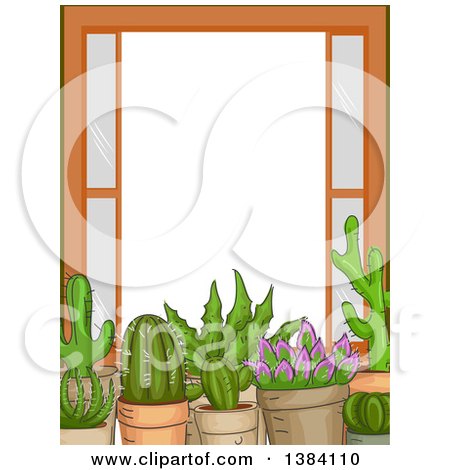Clipart of a Frame Border of Succulent Plants on a Window Sill - Royalty Free Vector Illustration by BNP Design Studio