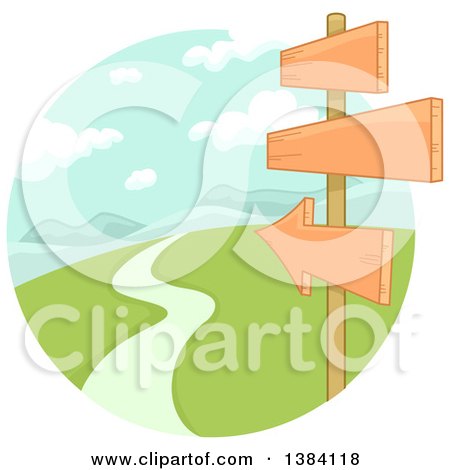 Clipart of Directional Wood Signs Along a Rural Road Leading to Mountains - Royalty Free Vector Illustration by BNP Design Studio