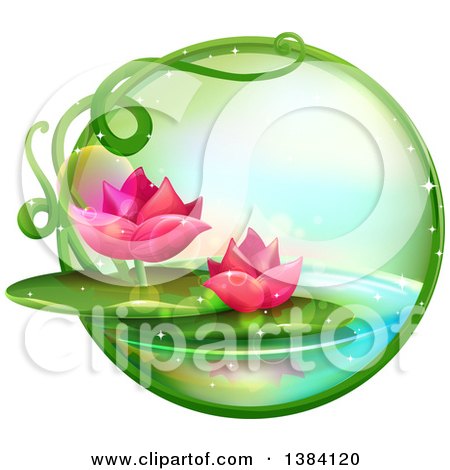 Clipart of a Green Magical Orb with Pink Water Lily Lotus Flowers on a Pond - Royalty Free Vector Illustration by BNP Design Studio