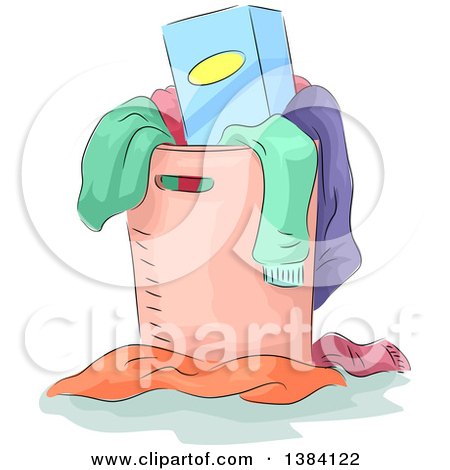 Clipart of a Sketched Laundry Hamper Overflowing with Dirty Clothes - Royalty Free Vector Illustration by BNP Design Studio