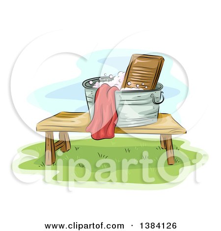 Clipart of a Sketched Laundry Basin with a Washboard on a Table Outside - Royalty Free Vector Illustration by BNP Design Studio