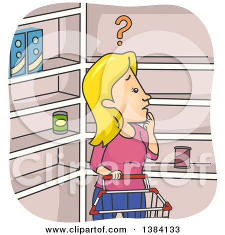 Clipart of a Cartoon Blond White Woman Confused About Empty Shelves in a Grocery Store - Royalty Free Vector Illustration by BNP Design Studio