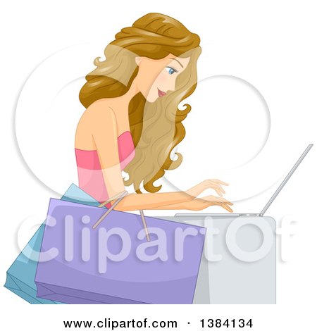 Clipart of a Blond White Woman Holding Shopping Bags on Her Arm and Shoppingon a Laptop Computer - Royalty Free Vector Illustration by BNP Design Studio