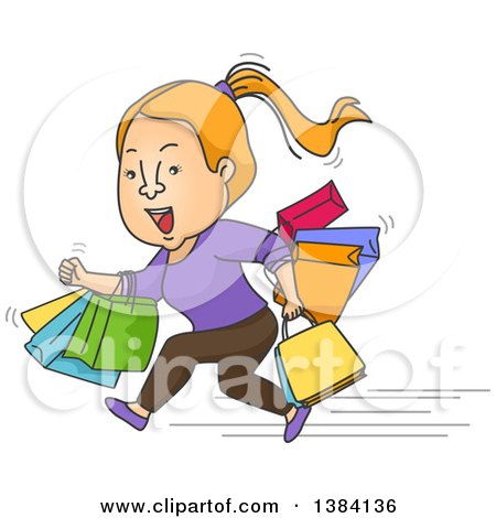 Clipart of a Cartoon Strawberry Blond White Woman Running with Shopping Bags - Royalty Free Vector Illustration by BNP Design Studio