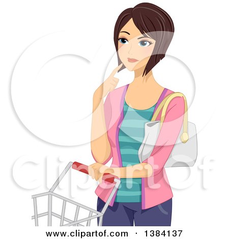 Clipart of a Brunette White Woman Thinking and Standing with a Shopping Cart - Royalty Free Vector Illustration by BNP Design Studio