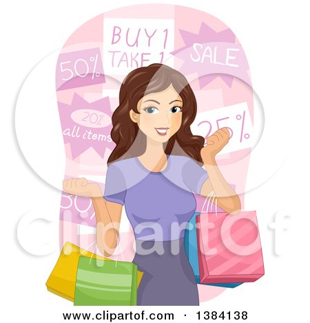 Clipart of a Happy Brunette White Woman Holding Shopping Bags in Front of Sale Signs - Royalty Free Vector Illustration by BNP Design Studio