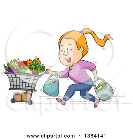 Clipart of a Cartoon Strawberry Blond White Woman Running with a Shopping Cart and Bags of Groceries - Royalty Free Vector Illustration by BNP Design Studio