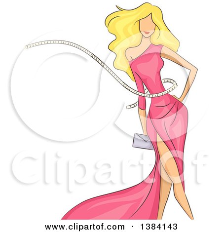 Clipart of a Sketched Blond White Woman Wearing a Pink Dress, a Measuring Tape Circling Her Waist - Royalty Free Vector Illustration by BNP Design Studio