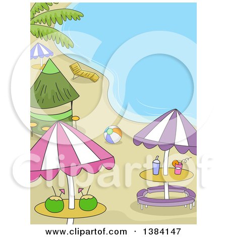Clipart of a Beach Party Scene with Umbrellas, Tables a Bar and Ball - Royalty Free Vector Illustration by BNP Design Studio
