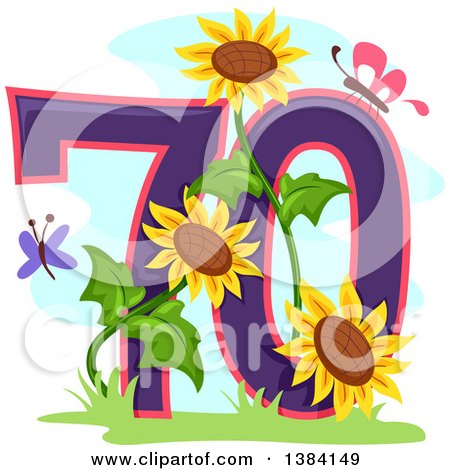 Clipart of a Seventieth Anniversary or Birthday Design with Number 70, Butterflies and Sunflowers - Royalty Free Vector Illustration by BNP Design Studio