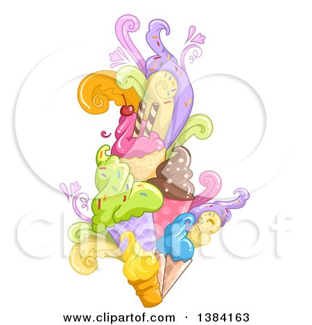 Clipart of a Burst of Waffle Ice Cream Cones with Different Flavored Scoops - Royalty Free Vector Illustration by BNP Design Studio