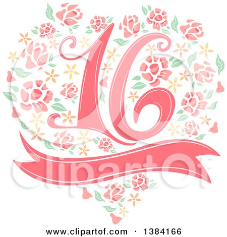 Clipart of a Sweet Sixteen Birthday Design Element with 16 over a Heart of Flowers and a Blank Banner - Royalty Free Vector Illustration by BNP Design Studio