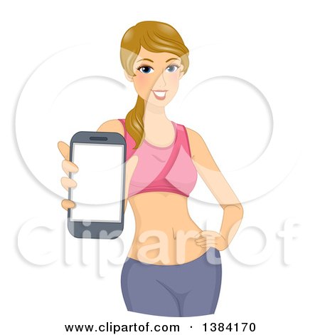 Clipart of a Fit Blond White Woman Holding out a Phone As if Showing a Fitness App - Royalty Free Vector Illustration by BNP Design Studio