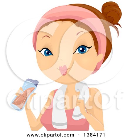 Clipart of a Brunette White Woman Drinking a Protein Shake After Working out - Royalty Free Vector Illustration by BNP Design Studio
