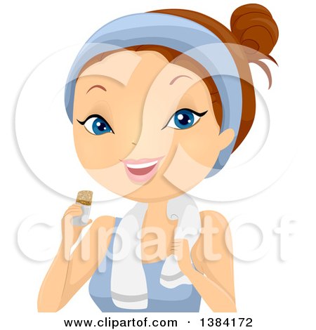 Clipart of a Brunette White Woman Eating a Protein Bar After Working out - Royalty Free Vector Illustration by BNP Design Studio