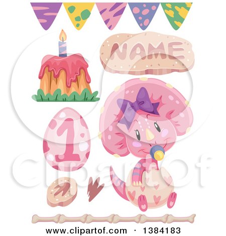 Clipart of Pink Girly Triceratops Dinosaur Themed Birthday Party Design Elements - Royalty Free Vector Illustration by BNP Design Studio