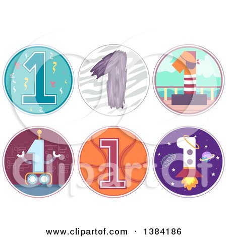 Clipart of First Birthday Badges with Number 1 Robot, Pirate, Basketball and Rocket Themese - Royalty Free Vector Illustration by BNP Design Studio