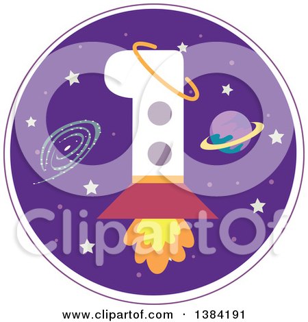 Clipart of a First Birthday Badge with a Number 1 Rocket in Outer Space - Royalty Free Vector Illustration by BNP Design Studio