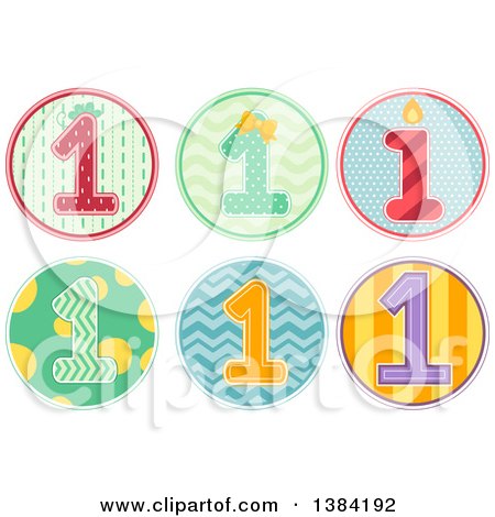 Clipart of First Birthday Badges with Number 1 Designs and Patterns - Royalty Free Vector Illustration by BNP Design Studio