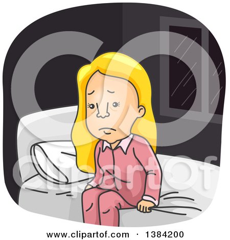 Clipart of a Cartoon Tired Blond White Woman Sitting on a Bed on a Sleepless Night - Royalty Free Vector Illustration by BNP Design Studio