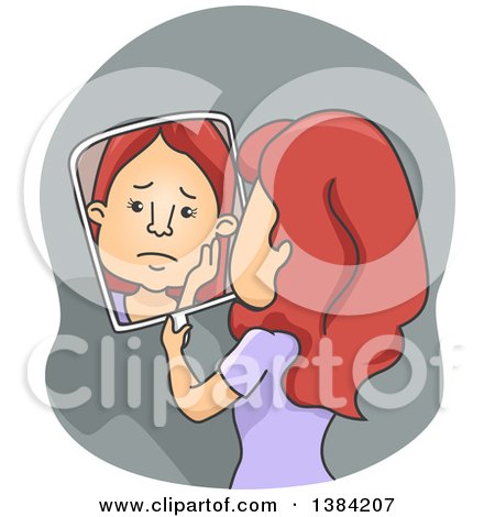 Clipart of a Cartoon Red Haired White Woman Looking Sad in a Mirror - Royalty Free Vector Illustration by BNP Design Studio