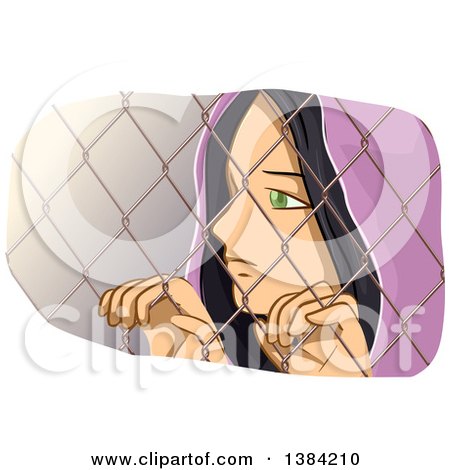 Clipart of a Sad Refugee Girl Looking Through a Chain Link Fence - Royalty Free Vector Illustration by BNP Design Studio