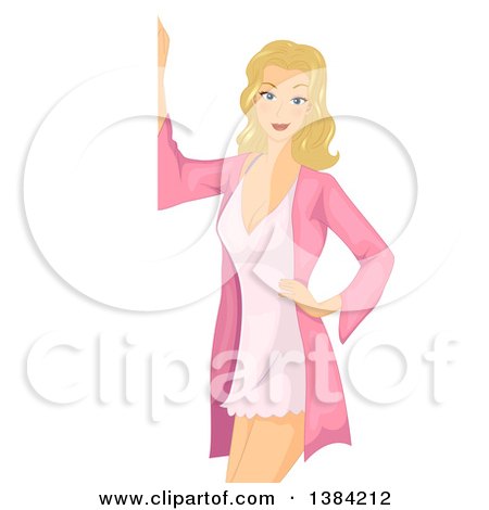 Clipart of a Blond White Woman Posing Seductively in a Night Gown Next to a Sign - Royalty Free Vector Illustration by BNP Design Studio