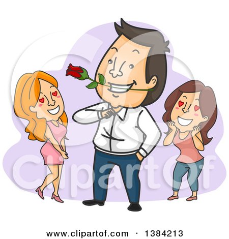 Clipart of a Cartoon Brunette White Man Being Admired by Two Ladies - Royalty Free Vector Illustration by BNP Design Studio