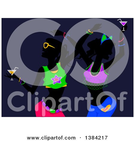 Clipart of Women Holding Cocktails and Dancing at a Glow in the Dark Party - Royalty Free Vector Illustration by BNP Design Studio