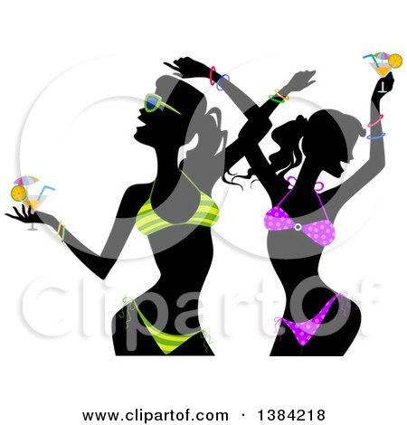 Clipart of Silhouetted Women in Bikinis, Holding Cocktails and Dancing - Royalty Free Vector Illustration by BNP Design Studio