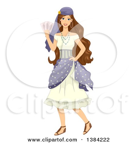 Clipart of a Brunette Gypsy Woman Holding Cards - Royalty Free Vector Illustration by BNP Design Studio
