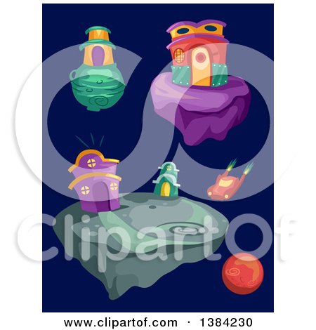 Clipart of a Futuristic Car Landing on a Rock with Houses - Royalty Free Vector Illustration by BNP Design Studio