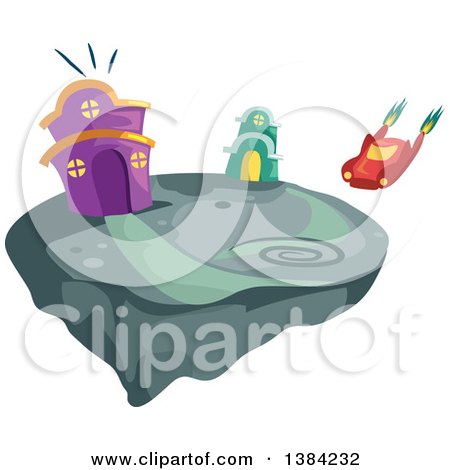 Clipart of a Car Landing near Futuristic Houses on a Floating Rock - Royalty Free Vector Illustration by BNP Design Studio