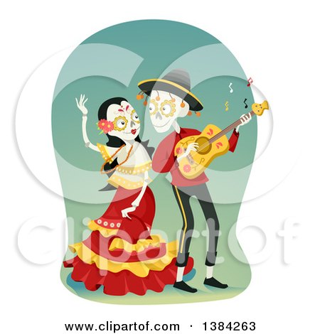 Clipart of a Sugar Skull Couple Dancing and Playing a Guitar - Royalty Free Vector Illustration by BNP Design Studio