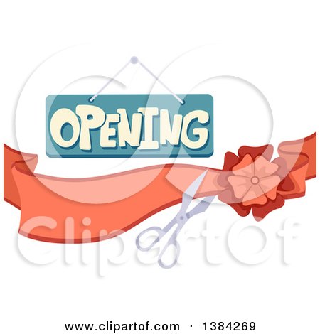 Clipart of a Ribbon Cutting Ceremony Design with an Opening Sign - Royalty Free Vector Illustration by BNP Design Studio