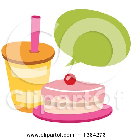 Clipart of a Speech Balloon over a Cake Slice and Soda - Royalty Free Vector Illustration by BNP Design Studio