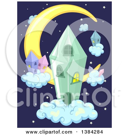 Clipart of a Crescent Moon and Crystal Houses in the Night Sky - Royalty Free Vector Illustration by BNP Design Studio