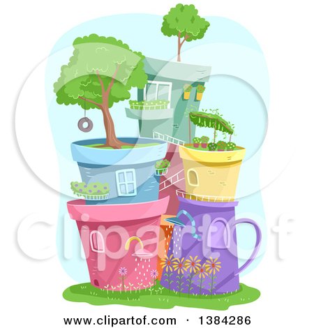 Clipart of Colorful Plant Pots Stacked and Forming a Town with Mini Gardens - Royalty Free Vector Illustration by BNP Design Studio