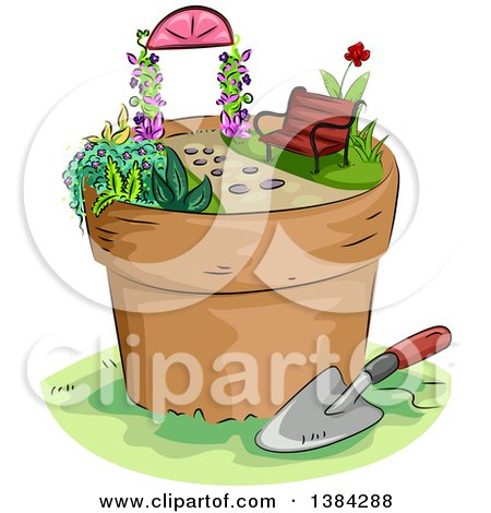 Clipart of a Miniature Garden in a Platn Pot with a Bench and Arbor - Royalty Free Vector Illustration by BNP Design Studio