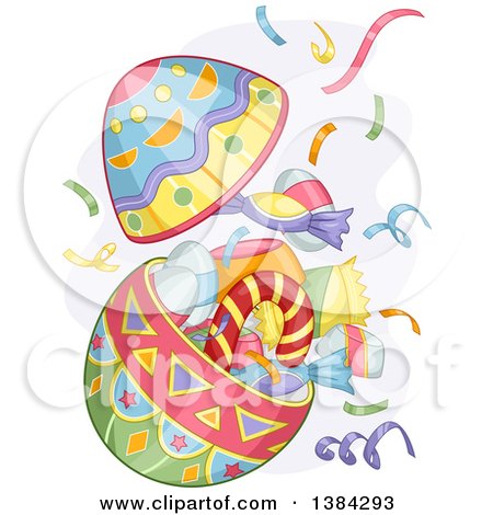 Clipart of a Colorful Patterned Open Easter Egg Exploding with Candy - Royalty Free Vector Illustration by BNP Design Studio