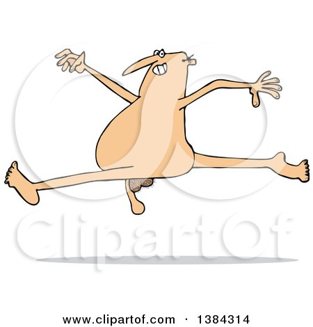 Clipart of a Cartoon Carefree Nude White Man Leaping - Royalty Free Vector Illustration by djart