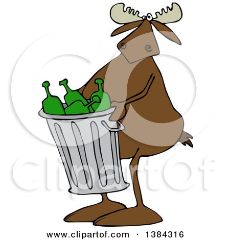 Clipart of a Cartoon Moose Carrying a Garbage Can Full of Bottles - Royalty Free Vector Illustration by djart